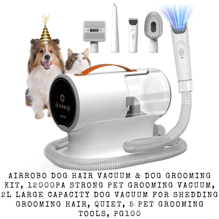 AIRROBO Dog Hair Vacuum & Dog Grooming Kit, 12000Pa Strong Pet Grooming Vacuum, 2L Large Capacity Dog Vacuum for Shedding Grooming Hair, Quiet, 5 Pet Grooming Tools, PG100